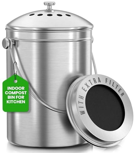Utopia Kitchen Compost Bin for Kitchen Countertop, 1.3 Gallon Compost Bucket for Kitchen with Lid, Includes 1 Spare Charcoal Filter, Home Essentials - (Silver)