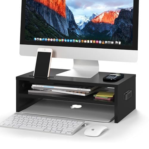 BONTEC Monitor Stand Riser, 2 Tier Wooden Desk Riser, 420mm Wide, 142mm Height, 30kg Load, Cable Management Slots, Phone Holder, Non Slip Pads, Monitor Riser Stand, Desktop Organiser, Black