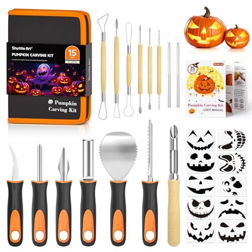 25 PCS Halloween Pumpkin Carving Kit, Shuttle Art 15 PCS Professional Premium Quality Stainless Steel Pumpkin Carving Tools with 10 Pumpkin Stencils Carrying Case for Kids Adults Sculpting and Carving