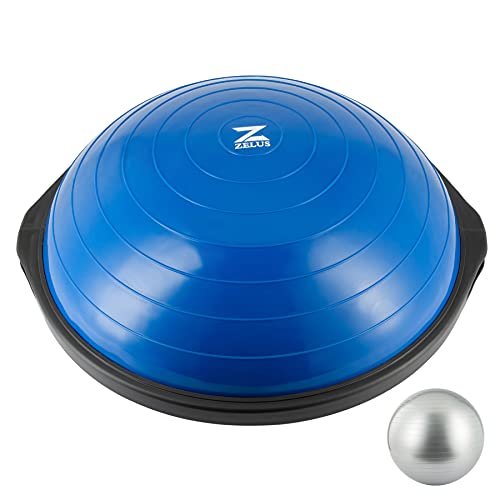 ZELUS 25in. Balance Ball | 1500lb Inflatable Half Exercise Ball Wobble Board Balance Trainer w Nonslip Base | Half Yoga Ball Strength Training Equipment w 2 Bands, Pump, Extra Ball Included (Blue)