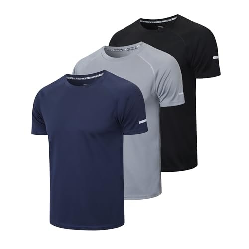 Gaiatiger 3 Pack Mens T-Shirts Quick Dry Running Tops Moisture Wicking Active Athletic Gym Short Sleeve Clothes(520)-Black Grey Nave-L