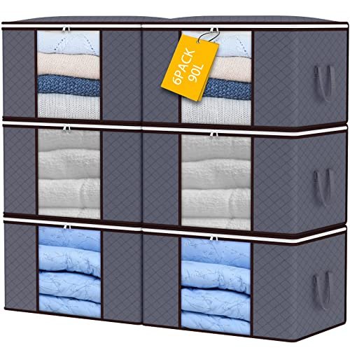 YearningHome 90L Storage Bags, 6Pack Large Capacity Clothes Storage Bags with Zips, Foldable Storage Bags with Reinforced Handle Breathable Thick Fabric for Comforters, Blankets, Bedding