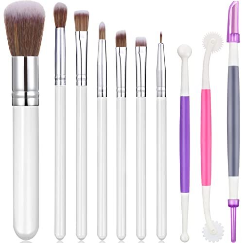 10 Pieces Cake Decorating Brush Tool Set Cookie Decoration Brushes Fondant and Gum Paste Tool for DIY Sugar Cookie Fondant Cake Supplies (White)