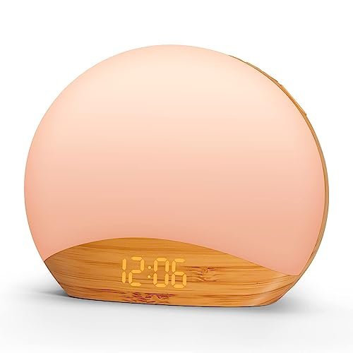 REACHER Wood Grain Sunrise Alarm Clock and Sound Machine Nightlight, Digital Dimmable Clock for Bedroom, 26 Sleep Sounds, White Noise Machine for Baby, Adults, Wake Up Light Alarm Clock for Kids