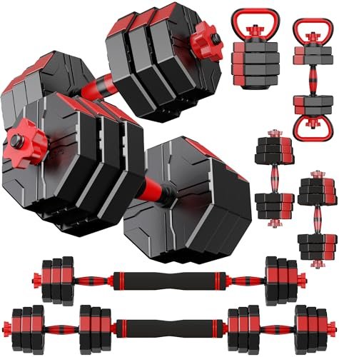 Prapark 4-in-1 Adjustable Dumbbell Set – Octagonal Anti-Roll Design, Non-Slip Grip, Versatile Weights with Barbell, Kettlebell, Push-Up Options – Home Gym Fitness Equipment for Men & Women