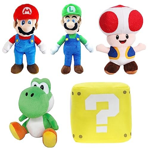 Qabfwe Mario All Star Collection Plushies,Mario Plush Toys and Luigi Stuffed Plush Toys,Yoshi Toad and Coin Box Plush Toys,Set of 5 Plushies Doll 9.8"