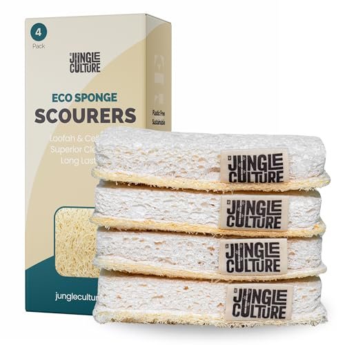 Jungle Culture Eco Sponge Set of 4 • Eco Friendly Natural Loofah Dishwashing Sponges • Non-Scratch, Biodegradable & Durable • Double Sided Kitchen Scourer • Compostable & Reusable Washing Up Sponges