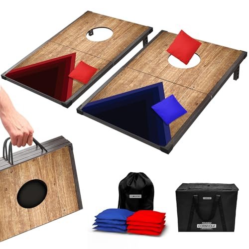 Portable Cornhole Board Set 24"x15", Foldable Wooden Travel Size Corn Hole Game Sets, Incl 2 Boards 8 Canvas Bean Bags, Indoor & Outdoor Lawn Toss Games Activity, for Kids Teens & Adults