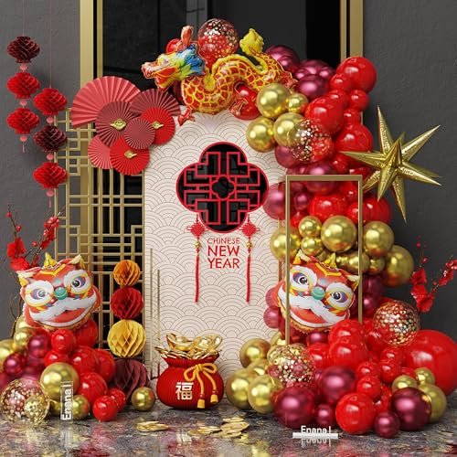 Enanal Chinese Lunar New Year Balloon Garland Arch Kit, 141pcs Chinese Red and Gold Balloons with Dancing Lion Dragon Foil Balloons for Chinese New Year Decor Lunar Spring Festival (Chinese Red)