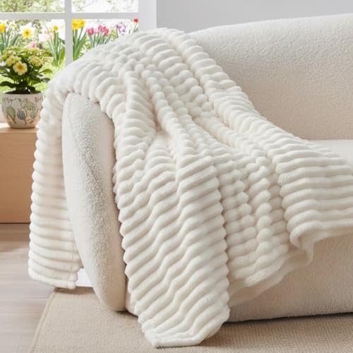 BEDELITE Fluffy Fleece Blanket Cosy Soft Throw, 127x152 cm, Cream White