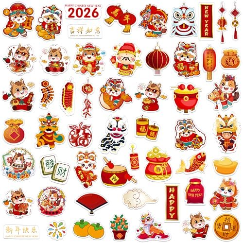 BIZIBAFF 55PCS Chinese New Year Stickers 2026 - Year of The Horse 2026 Lunar New Year Sticker Spring Festival Decals Stickers for Party Favor Supplies