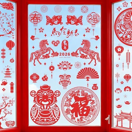 9 Sheets Chinese New Year Window Clings, Horse Year Decor for Window, 2026 Lunar New Year Decorations, Red Spring Festival Decals Double-Sided Stickers for Festival Family Gathering Door Wall Decor