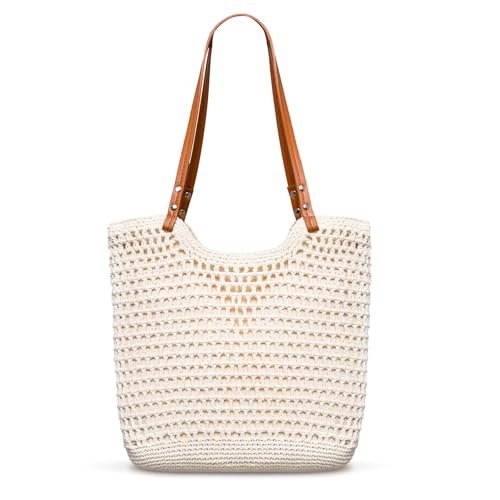 Toptime Crochet Beach Bags for Women, Summer Woven Beach Tote Bag with Zipper, Bohemian Large Crochet Handbags with Leather Handle, Lightweight Mesh Shoulder Bag for Travel Vacation Shopping (Beige)